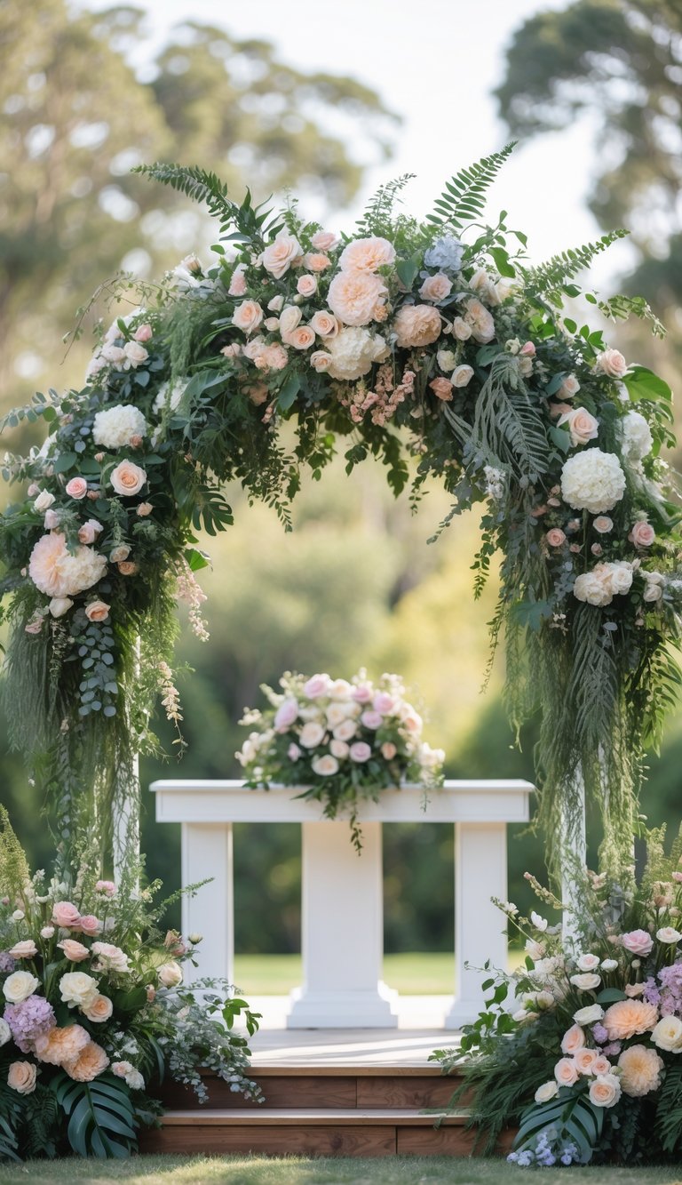 A wedding altar with a floral canopy made of mixed colorful flowers and green leaves outdoors.